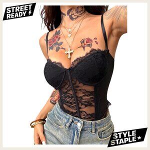 Floral Lace Sheer Mesh Corset Top Spaghetti Strap Bodysuit Y2K Chic